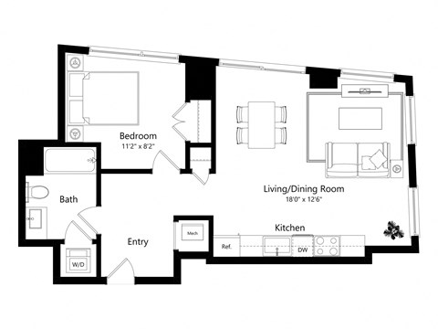 a floor plan of a unit with a bedroom, bathroom, and a living room